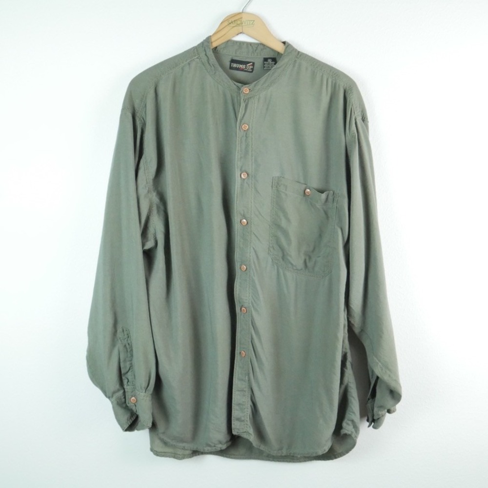 Vintage 90s XL Olive Green Rayon Band Collar Button Down Shirt Normcore Dad